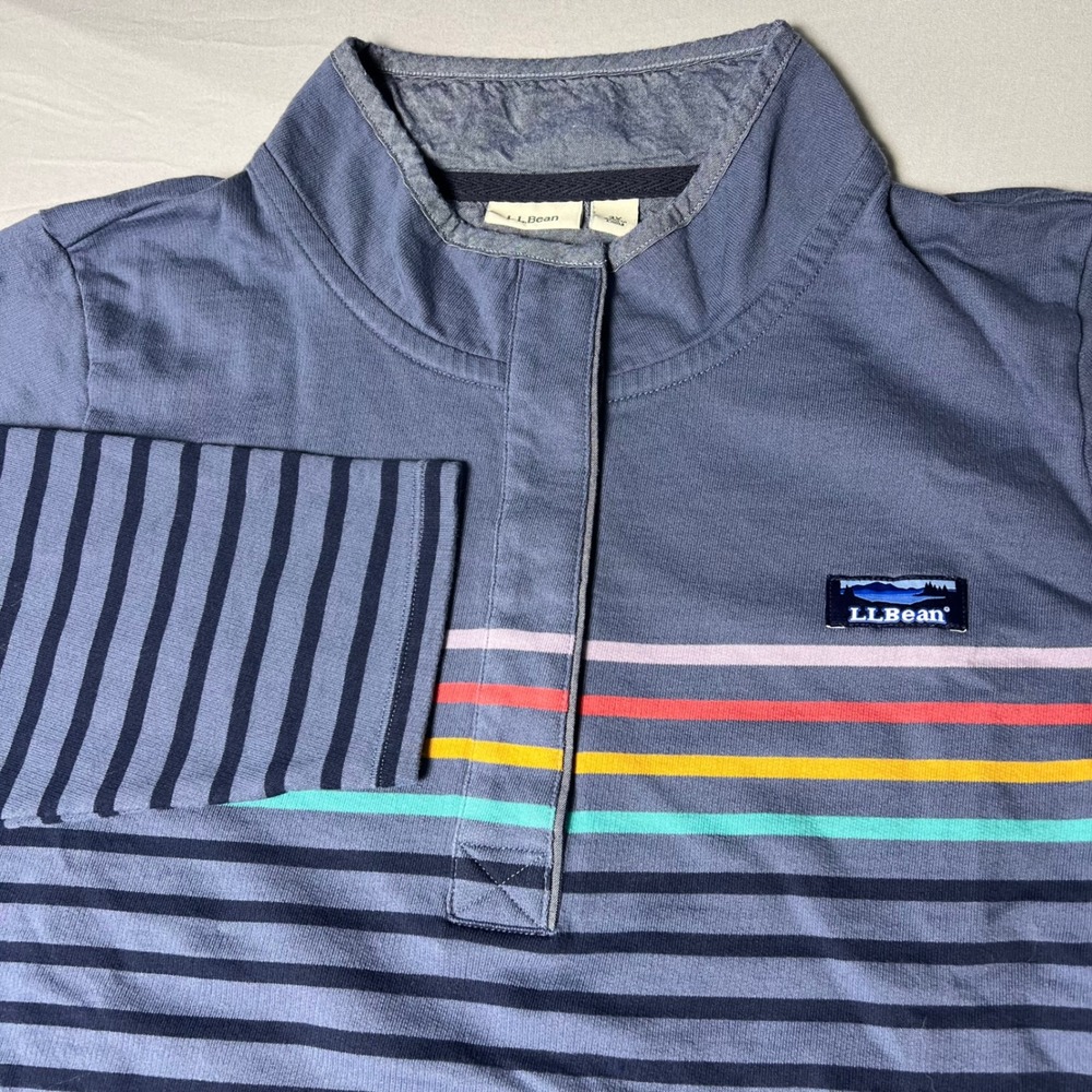 LL Bean Womens 2X Rugby Shirt Blue Striped Cotton Long Sleeve Pullover 504432